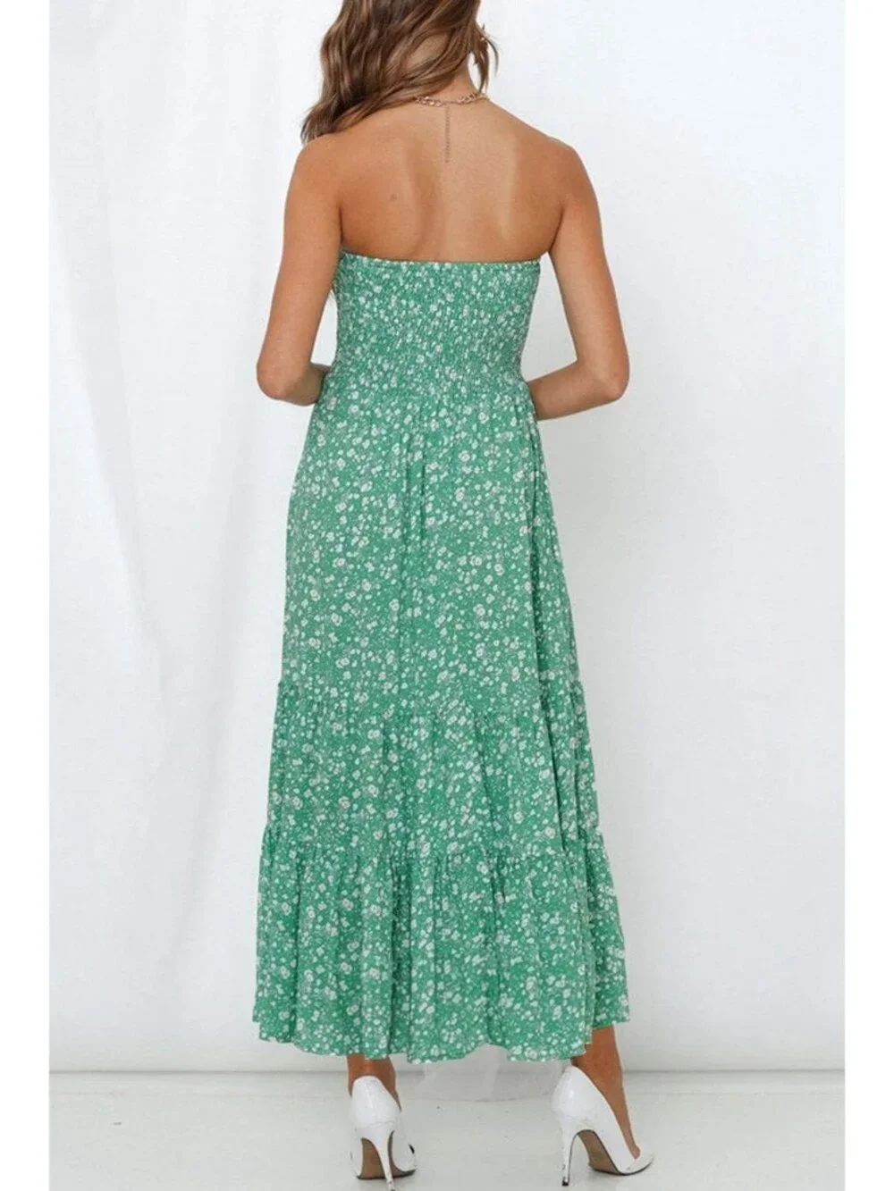 Women's Green Summer Boho Strapless Maxi Off Shoulder Smocked Flowy Dress - Picture 4 of 6